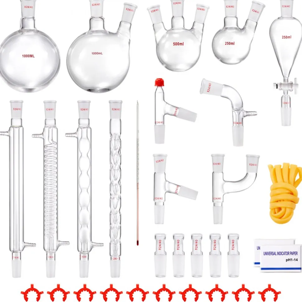 VEVOR Lab Distillation Kit, 3.3 Boro Lab Glassware Distillation Kit with 24, 40 Joint, 1000ml Essential Oil Distillation Apparatus Kit, 32 pcs Set of Glassware Equipment