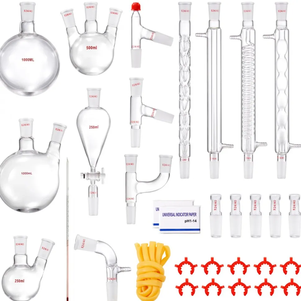 VEVOR Lab Distillation Kit, 3.3 Boro Lab Glassware Distillation Kit with 24, 40 Joint, 1000ml Essential Oil Distillation Apparatus Kit, 32 pcs Set of Glassware Equipment