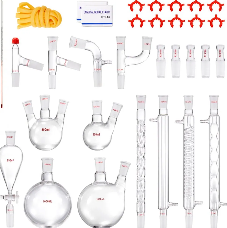 VEVOR Lab Distillation Kit, 3.3 Boro Lab Glassware Distillation Kit with 24, 40 Joint, 1000ml Essential Oil Distillation Apparatus Kit, 32 pcs Set of Glassware Equipment