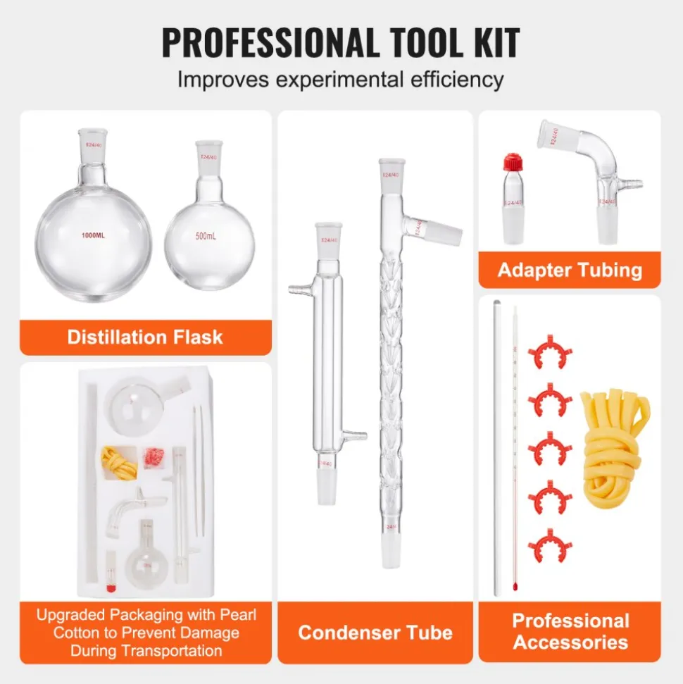 VEVOR Lab Distillation Kit, 3.3 Boro Lab Glassware Distillation Kit with 24, 40 Joint, 1000ml Essential Oil Distillation Apparatus Kit, 14 pcs Set of Glassware Equipment