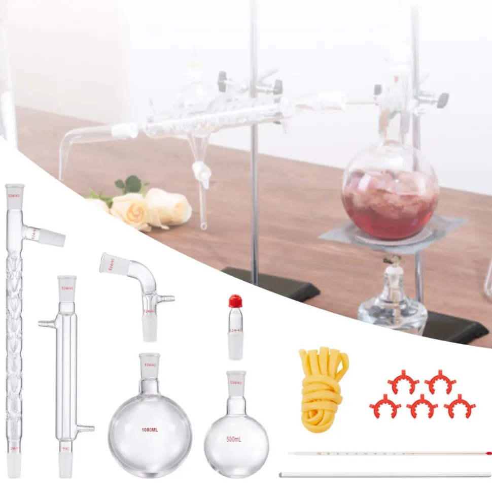 VEVOR Lab Distillation Kit, 3.3 Boro Lab Glassware Distillation Kit with 24, 40 Joint, 1000ml Essential Oil Distillation Apparatus Kit, 14 pcs Set of Glassware Equipment