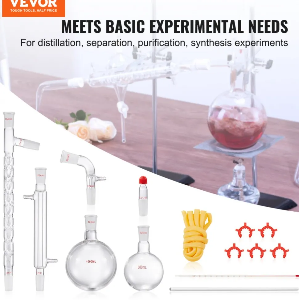 VEVOR Lab Distillation Kit, 3.3 Boro Lab Glassware Distillation Kit with 24, 40 Joint, 1000ml Essential Oil Distillation Apparatus Kit, 14 pcs Set of Glassware Equipment