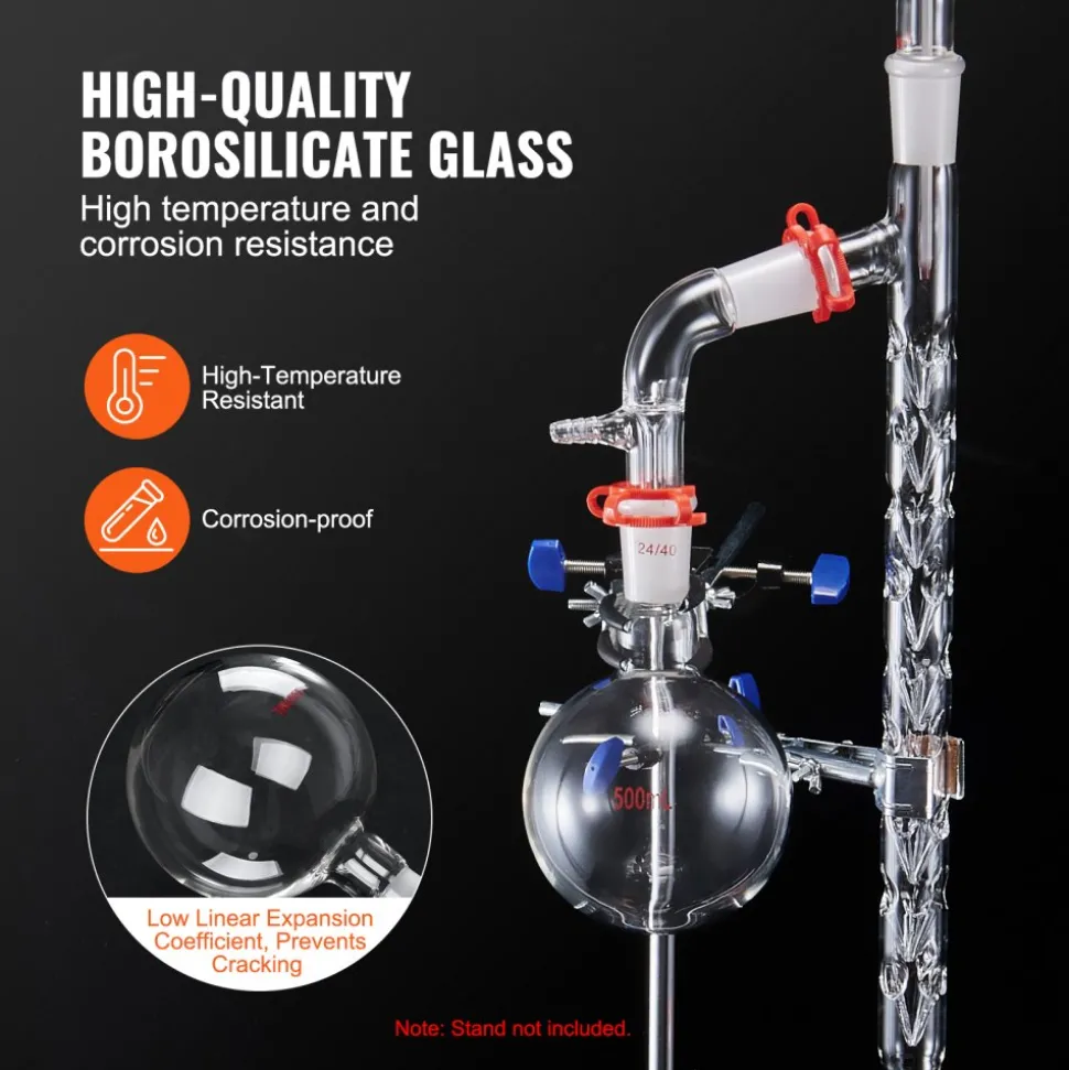 VEVOR Lab Distillation Kit, 3.3 Boro Lab Glassware Distillation Kit with 24, 40 Joint, 1000ml Essential Oil Distillation Apparatus Kit, 14 pcs Set of Glassware Equipment
