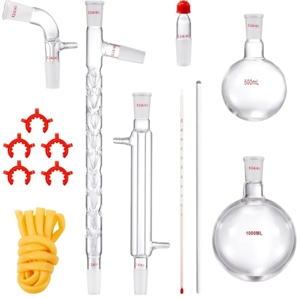 VEVOR Lab Distillation Kit, 3.3 Boro Lab Glassware Distillation Kit with 24, 40 Joint, 1000ml Essential Oil Distillation Apparatus Kit, 14 pcs Set of Glassware Equipment