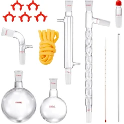 VEVOR Lab Distillation Kit, 3.3 Boro Lab Glassware Distillation Kit with 24, 40 Joint, 1000ml Essential Oil Distillation Apparatus Kit, 14 pcs Set of Glassware Equipment