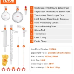 VEVOR Lab Distillation Kit, 3.3 Boro Lab Glassware Distillation Kit with 24, 40 Joint, 1000ml Essential Oil Distillation Apparatus Kit, 14 pcs Set of Glassware Equipment