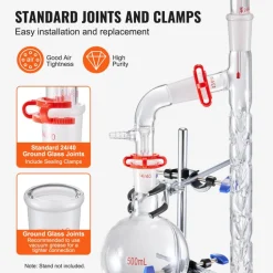 VEVOR Lab Distillation Kit, 3.3 Boro Lab Glassware Distillation Kit with 24, 40 Joint, 1000ml Essential Oil Distillation Apparatus Kit, 14 pcs Set of Glassware Equipment