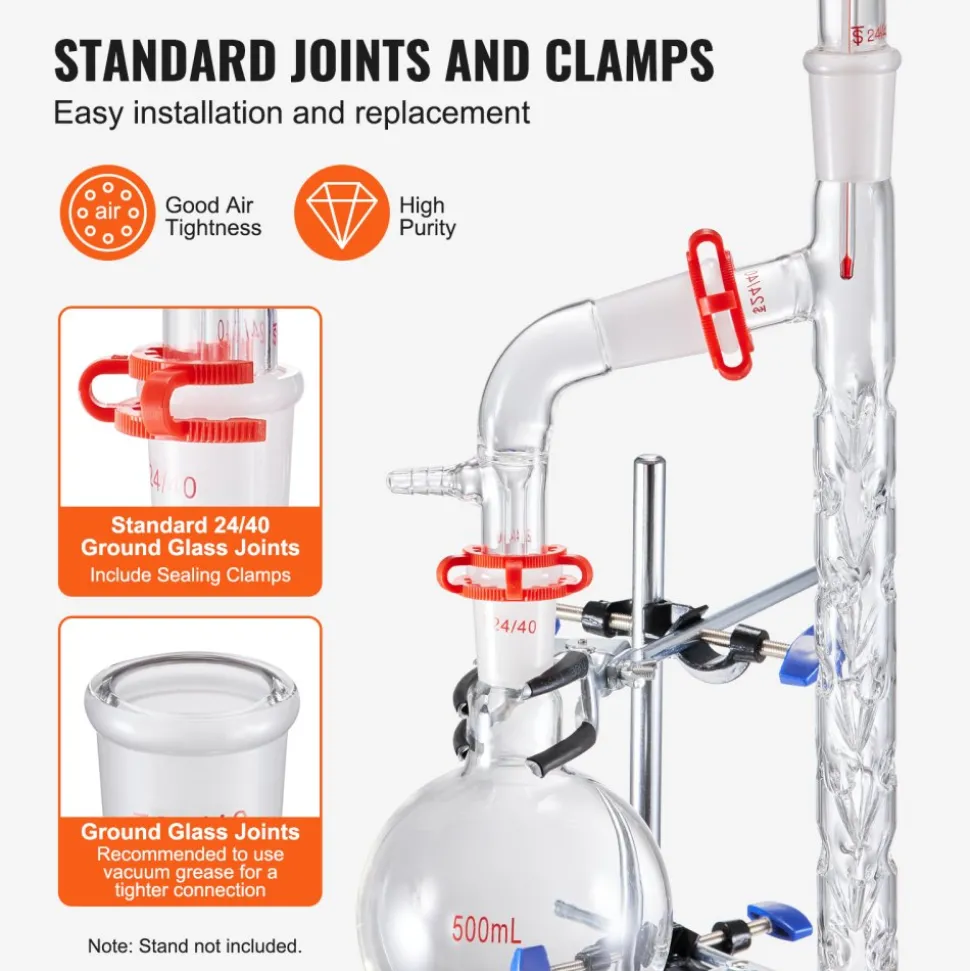 VEVOR Lab Distillation Kit, 3.3 Boro Lab Glassware Distillation Kit with 24, 40 Joint, 1000ml Essential Oil Distillation Apparatus Kit, 14 pcs Set of Glassware Equipment