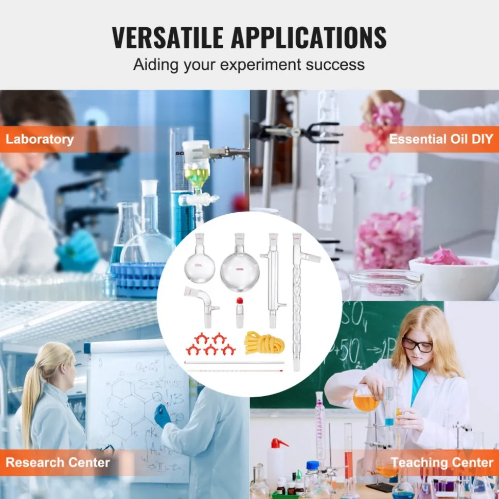 VEVOR Lab Distillation Kit, 3.3 Boro Lab Glassware Distillation Kit with 24, 40 Joint, 1000ml Essential Oil Distillation Apparatus Kit, 14 pcs Set of Glassware Equipment