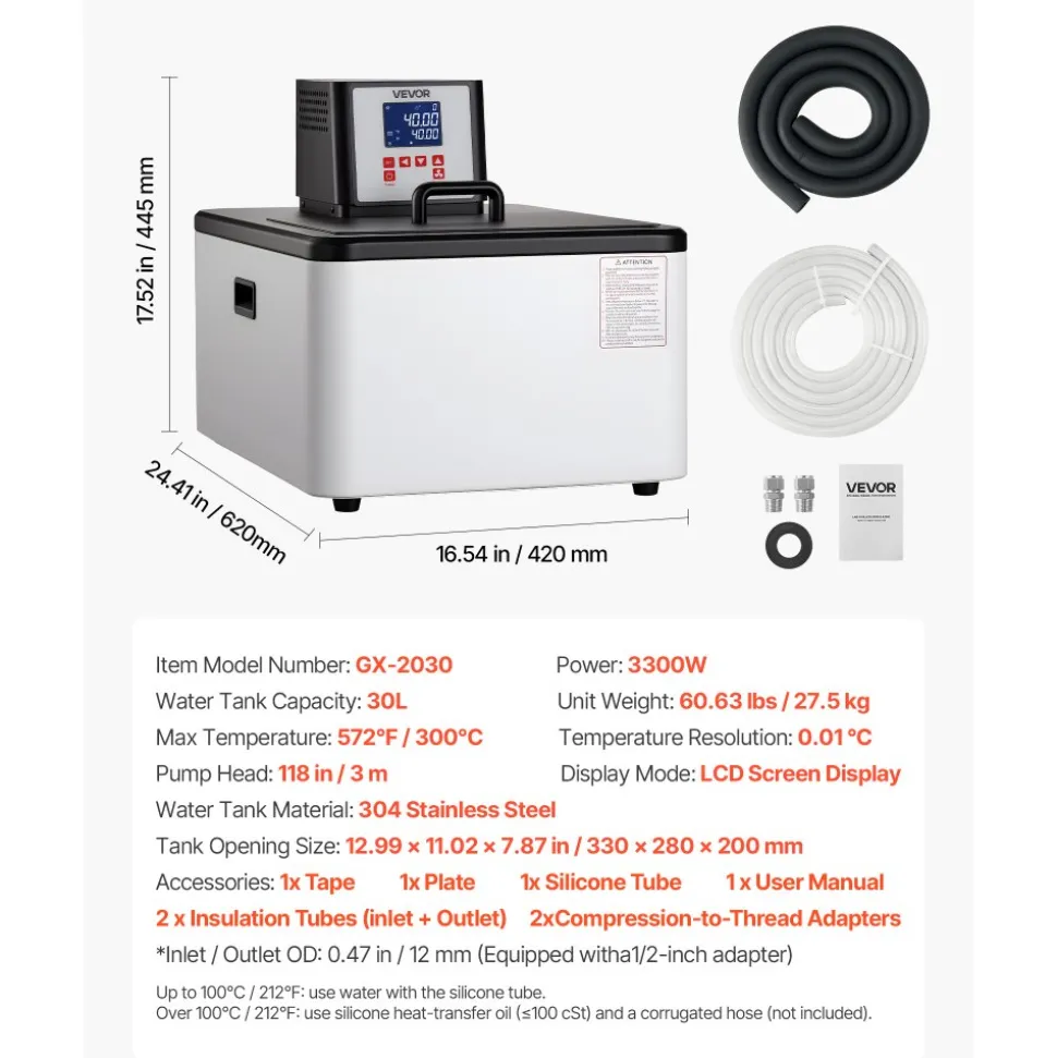 VEVOR Laboratory High-Temperature Circulating Oil Bath, Up to 300℃/572℉, 30 L Lab Constant Temperature Heating Tank, 0.1℃ High Precision, Internal and External Dual Circulation, for Laboratory