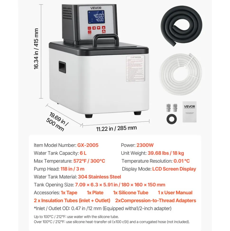 VEVOR Laboratory High-Temperature Circulating Oil Bath, Up to 300℃/572℉, 6 L Lab Constant Temperature Heating Tank, 0.1℃ High Precision, Internal and External Dual Circulation, for Laboratory