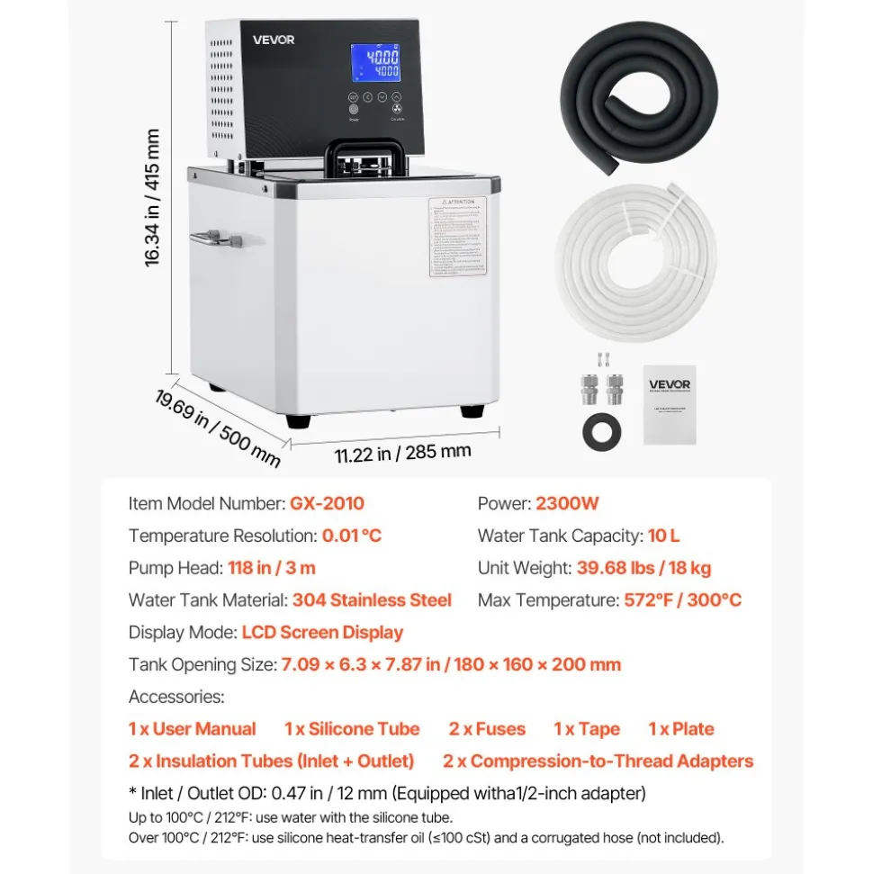 VEVOR Laboratory High-Temperature Circulating Oil Bath, Up to 300℃/572℉, 10 L Lab Constant Temperature Heating Tank, 0.1℃ High Precision, Internal and External Dual Circulation, for Laboratory