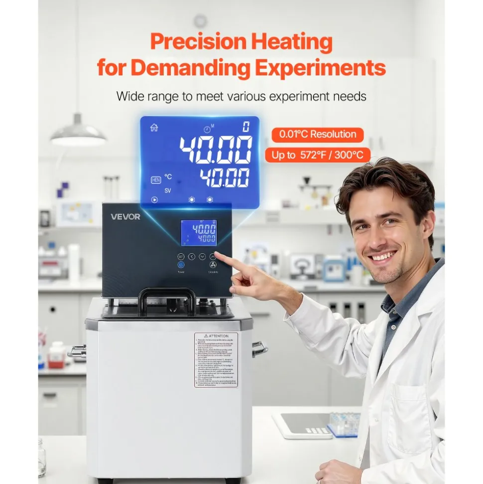VEVOR Laboratory High-Temperature Circulating Oil Bath, Up to 300℃/572℉, 10 L Lab Constant Temperature Heating Tank, 0.1℃ High Precision, Internal and External Dual Circulation, for Laboratory