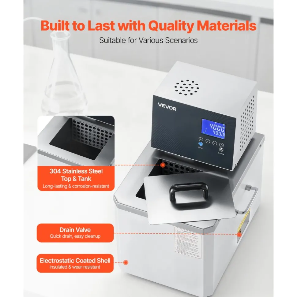 VEVOR Laboratory High-Temperature Circulating Oil Bath, Up to 300℃/572℉, 10 L Lab Constant Temperature Heating Tank, 0.1℃ High Precision, Internal and External Dual Circulation, for Laboratory