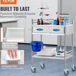 VEVOR Lab Serving Cart, 2 Layers Stainless Steel Utility Rolling Cart, Medical Cart with Two Drawers, Dental Utility Cart with Lockable Wheels and A Bucket, for Laboratory, Hospital, Dental Use