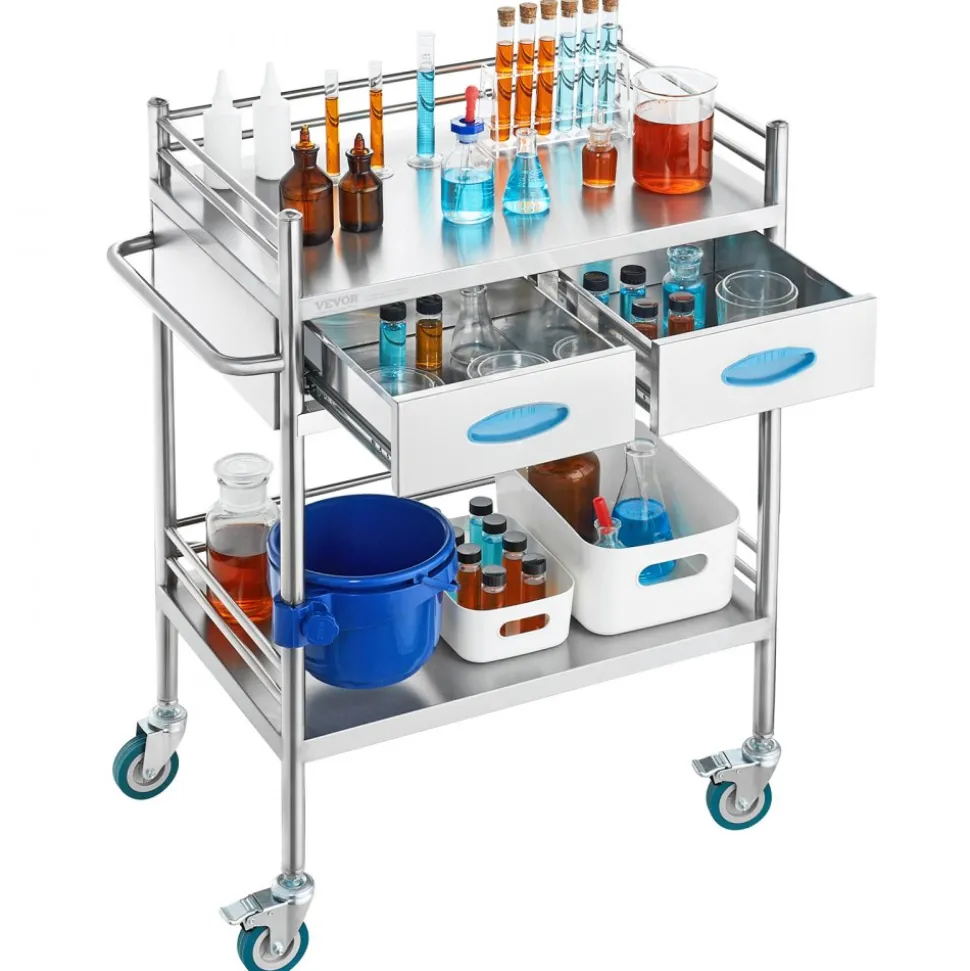 VEVOR Lab Serving Cart, 2 Layers Stainless Steel Utility Rolling Cart, Medical Cart with Two Drawers, Dental Utility Cart with Lockable Wheels and A Bucket, for Laboratory, Hospital, Dental Use