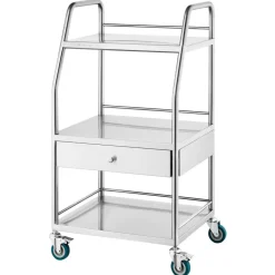VEVOR Lab Serving Cart, 3 Layers Stainless Steel Utility Rolling Cart, Medical Cart with A Drawer, Dental Utility Cart with Lockable Wheels, for Laboratory, Hospital, Dental Use