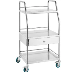 VEVOR Lab Serving Cart, 3 Layers Stainless Steel Utility Rolling Cart, Medical Cart with A Drawer, Dental Utility Cart with Lockable Wheels, for Laboratory, Hospital, Dental Use