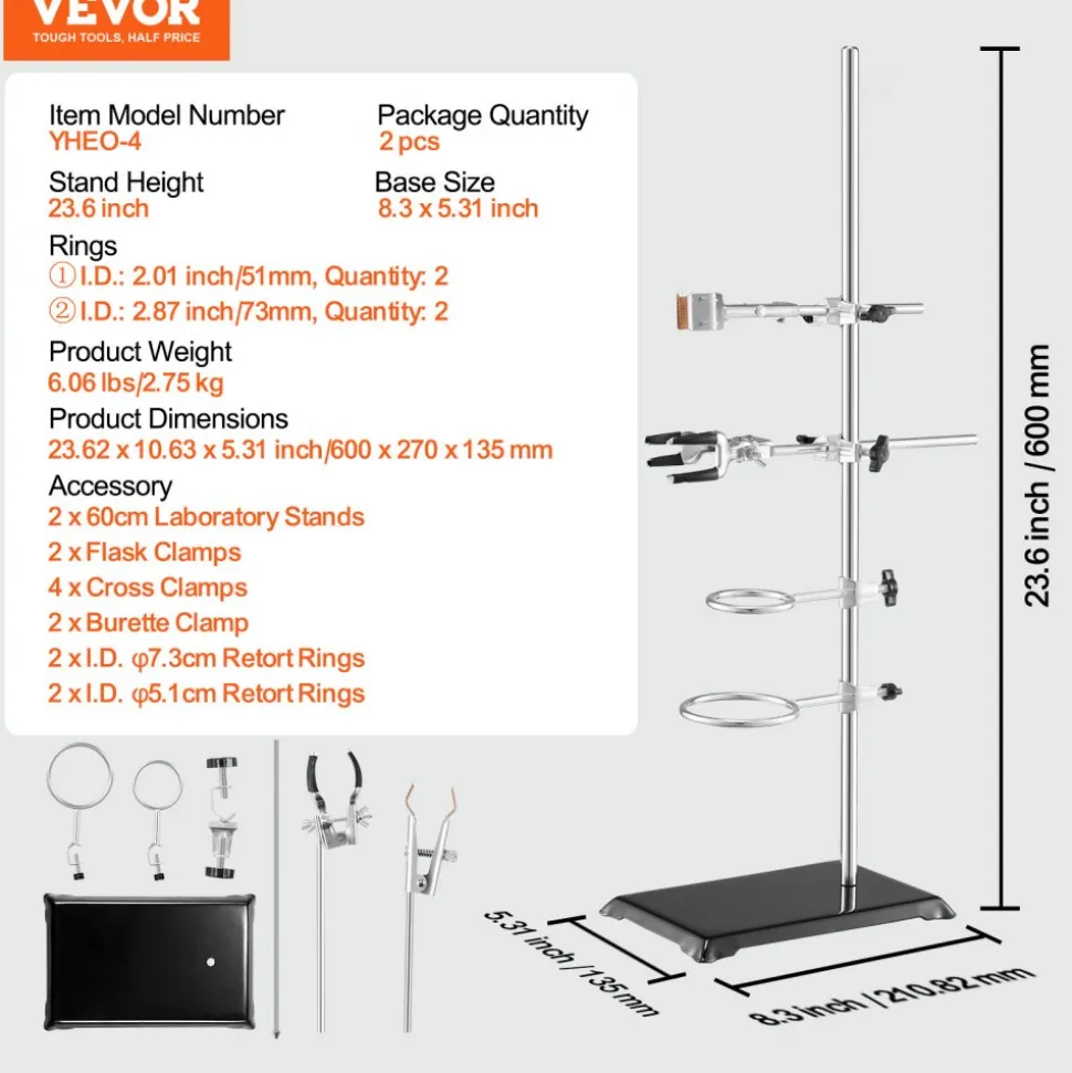VEVOR Lab Stand Support, Laboratory Retort Support Stand 2 Sets, Steel Lab Stand 23.6" Rod and 8.3" x 5.3" Cast Iron Base, Includes Flask Clamps, Burette Clamps and Cross Clamps
