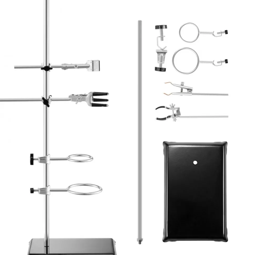 VEVOR Lab Stand Support, Laboratory Retort Support Stand 2 Sets, Steel Lab Stand 23.6" Rod and 8.3" x 5.3" Cast Iron Base, Includes Flask Clamps, Burette Clamps and Cross Clamps