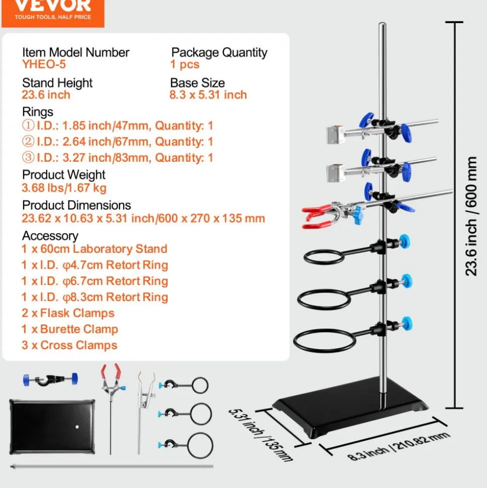 VEVOR Lab Stand Support, Laboratory Retort Support Stand Set, Steel Lab Stand 23.6" Rod and 8.3" x 5.3" Cast Iron Base, Includes Flask Clamps, a Burette Clamp and Cross Clamps