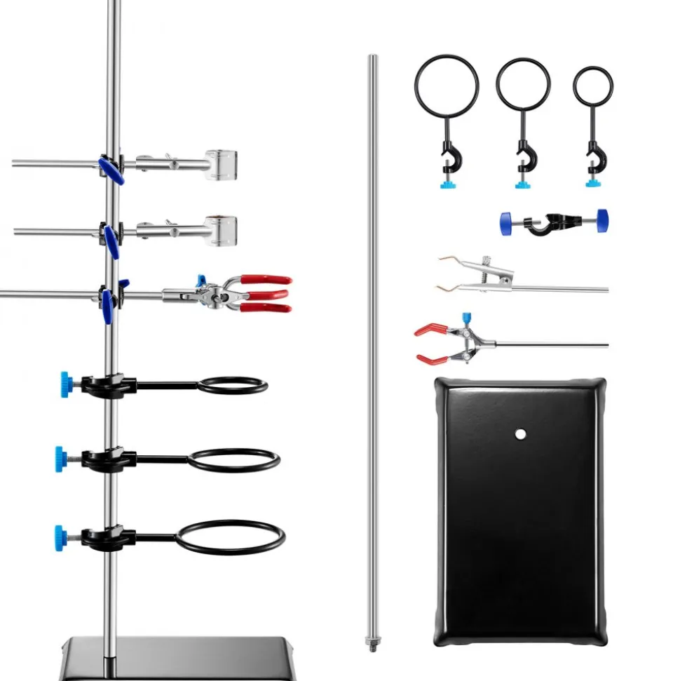 VEVOR Lab Stand Support, Laboratory Retort Support Stand Set, Steel Lab Stand 23.6" Rod and 8.3" x 5.3" Cast Iron Base, Includes Flask Clamps, a Burette Clamp and Cross Clamps