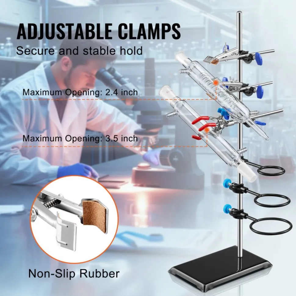 VEVOR Lab Stand Support, Laboratory Retort Support Stand Set, Steel Lab Stand 23.6" Rod and 8.3" x 5.3" Cast Iron Base, Includes Flask Clamps, a Burette Clamp and Cross Clamps