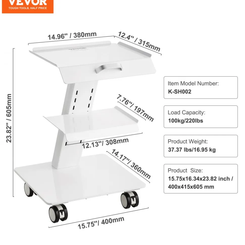 VEVOR Lab Trolley, 3-Layer Rolling Lab Cart, Metal Mobile Trolley with Swivel Wheels, Tray Rolling Clinic Cart 220 lbs Weight Capacity, for Lab, Clinic, Beauty and Salon