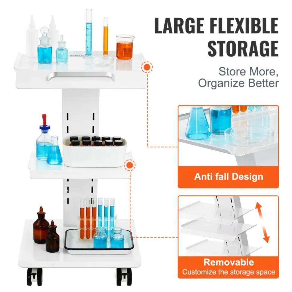 VEVOR Lab Trolley, Rolling Lab Cart with Built-in Socket, 3-Layer Metal Mobile Trolley, Tray Rolling Clinic Cart with Swivel Wheels, 220 lbs Weight Capacity, for Lab, Clinic, Beauty and Salon