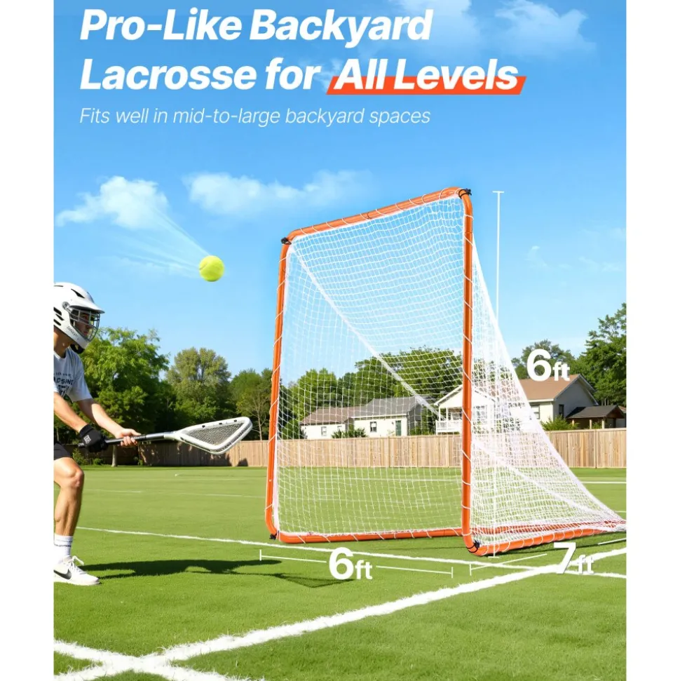 VEVOR Lacrosse Goal, 6' x 6' Lacrosse Net, Steel Frame Backyard Lacrosse Training Equipment, Portable Lacrosse Goal with Carry Bag, Quick & Easy Setup, Perfect for Youth Adult Training, Orange