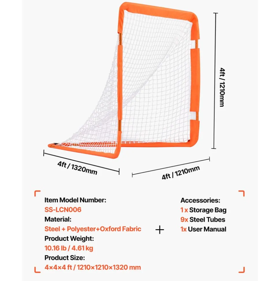 VEVOR Lacrosse Goal, 4' x 4' Small Kids Lacrosse Net, Folding Portable Lacrosse Goal with Carry Bag, Iron Frame Backyard Training Equipment, Quick & Easy Setup, Perfect for Youth Training, Orange