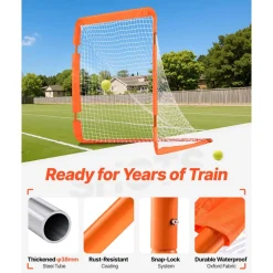 VEVOR Lacrosse Goal, 4' x 4' Small Kids Lacrosse Net, Folding Portable Lacrosse Goal with Carry Bag, Iron Frame Backyard Training Equipment, Quick & Easy Setup, Perfect for Youth Training, Orange