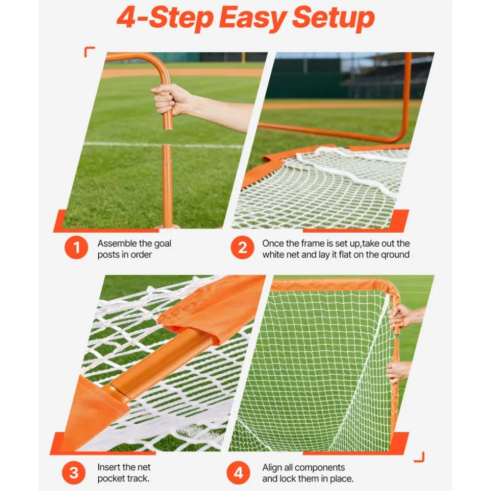 VEVOR Lacrosse Goal, 4' x 4' Small Kids Lacrosse Net, Folding Portable Lacrosse Goal with Carry Bag, Iron Frame Backyard Training Equipment, Quick & Easy Setup, Perfect for Youth Training, Orange