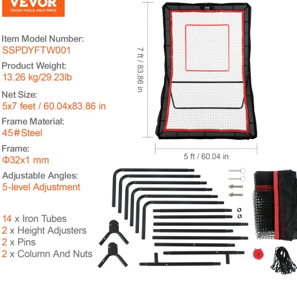 VEVOR Lacrosse Rebounder for Backyard, 4x7 Ft Volleyball Bounce Back Net, Pitchback Throwback Baseball Softball Return Training Screen, Adjustable Angle Shooting Practice Training Wall with Target