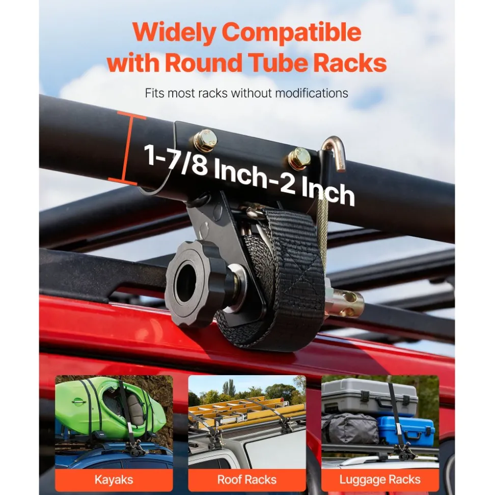 VEVOR Ladder Rack Ratchet Straps, 1.87-2 in Black Round Tube Mount, 1.5 in Wide x 7.4 ft Long Black Ladder Rack Straps with Double J-Hooks, 500 lbs Load Heavy Duty, Cargo Buckle Lock Strap (4 Pack)