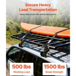 VEVOR Ladder Rack Ratchet Straps, 1.87-2 in Black Round Tube Mount, 1.5 in Wide x 7.4 ft Long Black Ladder Rack Straps with Double J-Hooks, 500 lbs Load Heavy Duty, Cargo Buckle Lock Strap (4 Pack)