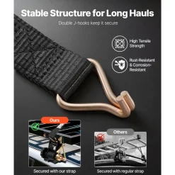 VEVOR Ladder Rack Ratchet Straps, Black Square Tube Mount, 1.5 in Wide x 7.4 ft Long Black Ladder Rack Straps with Double J-Hooks, 500 lbs Load Heavy Duty, Cargo Buckle Lock Strap (8 Pack)