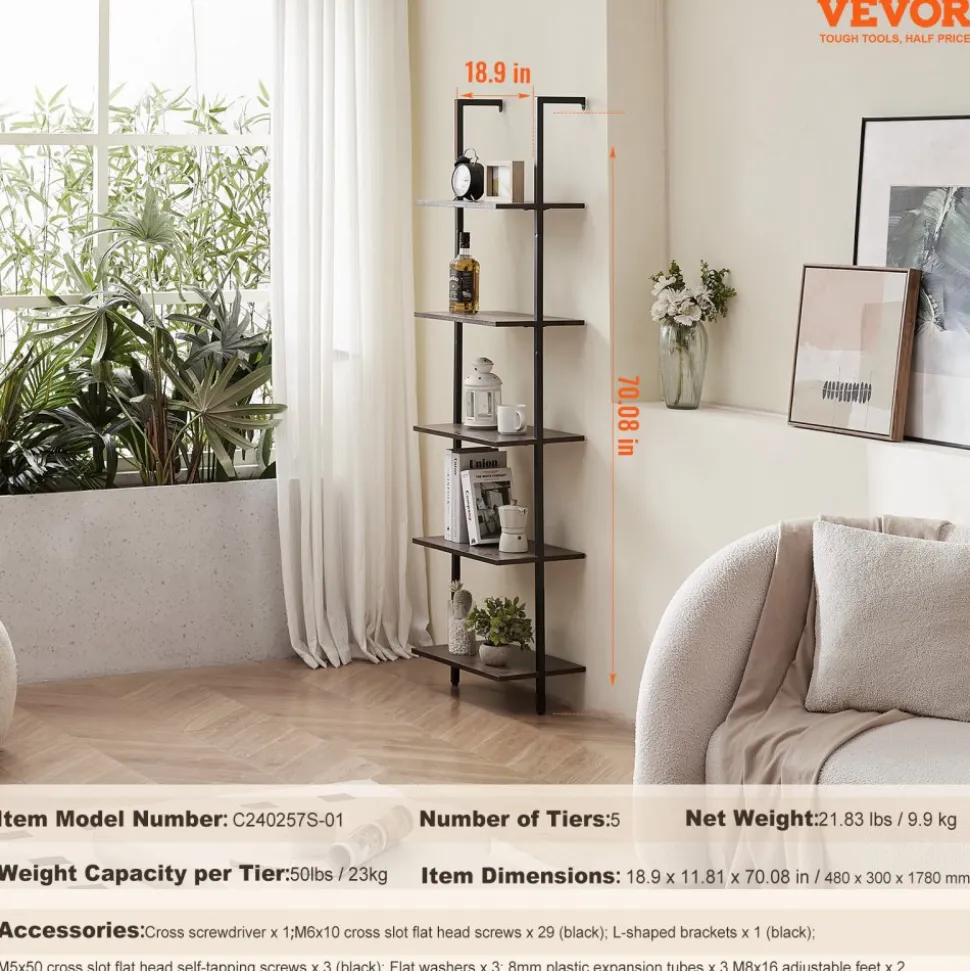 VEVOR Ladder Shelf, 5-Tier Bookshelf 17.3x11.8in, Open Wall-Mounted Ladder Shelf with Metal Frame,Storage Rack Sundries Holder for Kitchen Bedroom Bathroom Living Room, Black