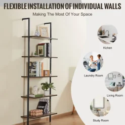 VEVOR Ladder Shelf, 5-Tier Bookshelf 17.3x11.8in, Open Wall-Mounted Ladder Shelf with Metal Frame,Storage Rack Sundries Holder for Kitchen Bedroom Bathroom Living Room, Black