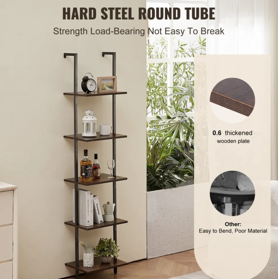 VEVOR Ladder Shelf, 5-Tier Bookshelf 15.6x11.8in, Open Wall-Mounted Ladder Shelf with Metal Frame,Storage Rack Sundries Holder for Kitchen Bedroom Bathroom Living Room, Black