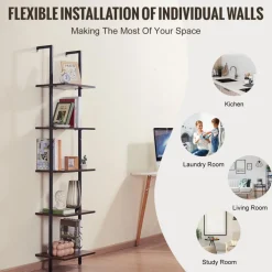 VEVOR Ladder Shelf, 5-Tier Bookshelf 15.6x11.8in, Open Wall-Mounted Ladder Shelf with Metal Frame,Storage Rack Sundries Holder for Kitchen Bedroom Bathroom Living Room, Black