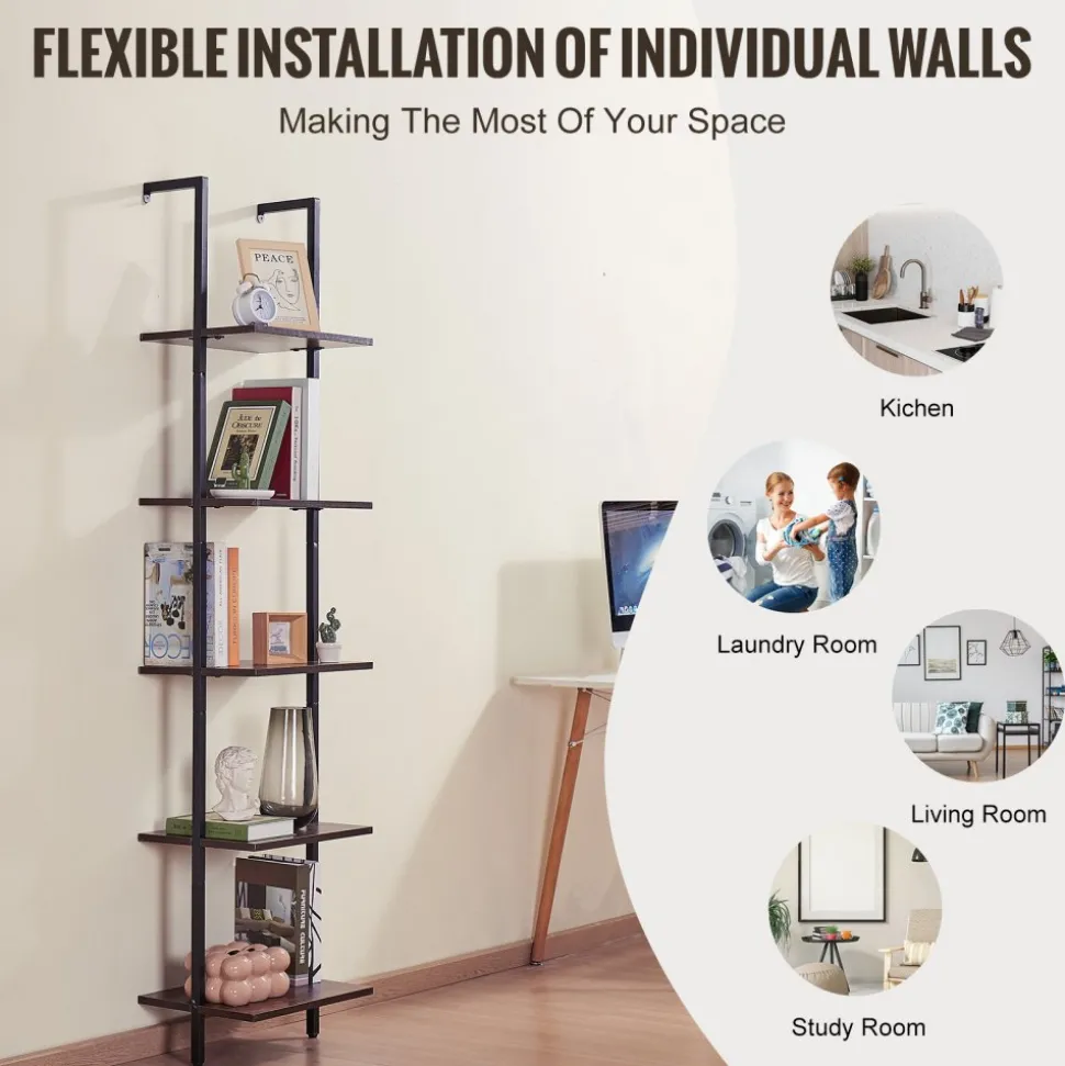 VEVOR Ladder Shelf, 5-Tier Bookshelf 15.6x11.8in, Open Wall-Mounted Ladder Shelf with Metal Frame,Storage Rack Sundries Holder for Kitchen Bedroom Bathroom Living Room, Black