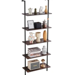 VEVOR Ladder Shelf, 5-Tier Bookshelf 15.6x11.8in, Open Wall-Mounted Ladder Shelf with Metal Frame,Storage Rack Sundries Holder for Kitchen Bedroom Bathroom Living Room, Gold White