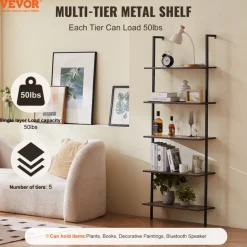 VEVOR Ladder Shelf, 5-Tier Bookshelf 15.6x11.8in, Open Wall-Mounted Ladder Shelf with Metal Frame,Storage Rack Sundries Holder for Kitchen Bedroom Bathroom Living Room, Gold White