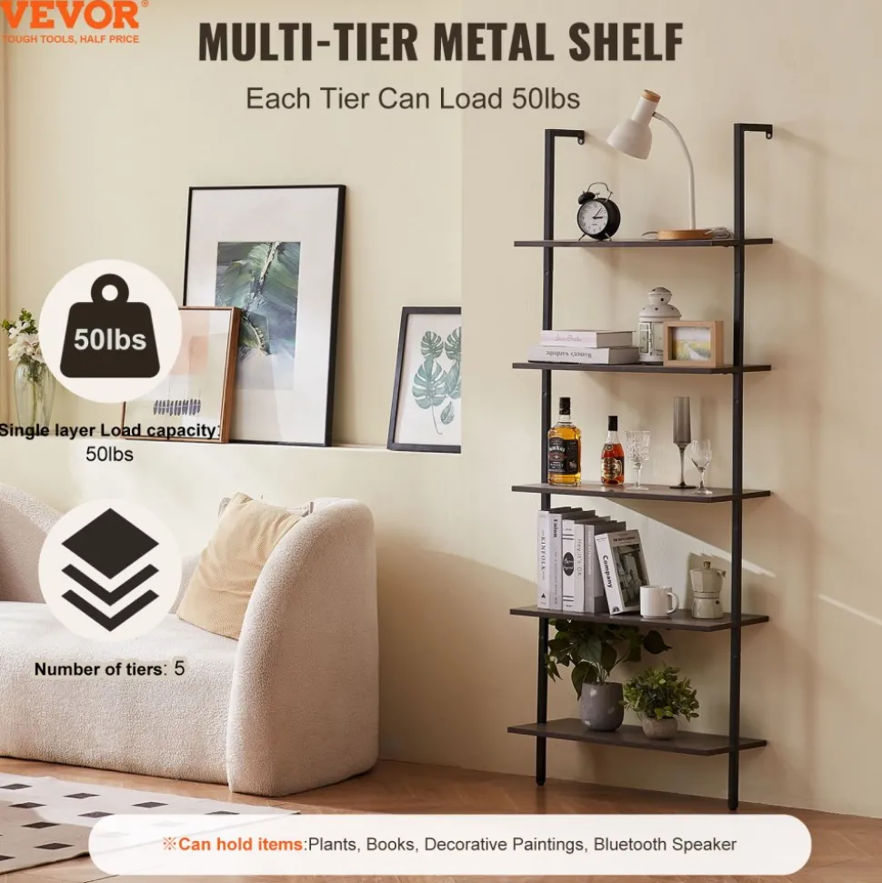 VEVOR Ladder Shelf, 5-Tier Bookshelf 15.6x11.8in, Open Wall-Mounted Ladder Shelf with Metal Frame,Storage Rack Sundries Holder for Kitchen Bedroom Bathroom Living Room, Gold White