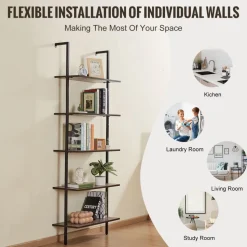 VEVOR Ladder Shelf, 5-Tier Bookshelf 15.6x11.8in, Open Wall-Mounted Ladder Shelf with Metal Frame,Storage Rack Sundries Holder for Kitchen Bedroom Bathroom Living Room, Gold White