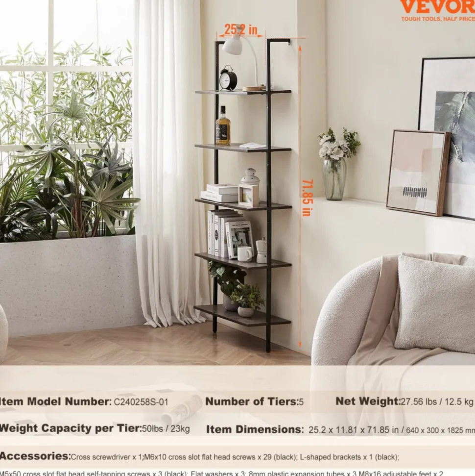 VEVOR Ladder Shelf, 5-Tier Bookshelf 15.6x11.8in, Open Wall-Mounted Ladder Shelf with Metal Frame,Storage Rack Sundries Holder for Kitchen Bedroom Bathroom Living Room, Gold White