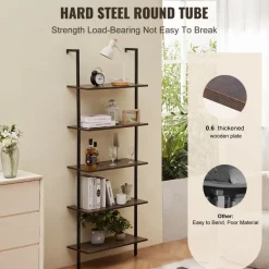 VEVOR Ladder Shelf, 5-Tier Bookshelf 15.6x11.8in, Open Wall-Mounted Ladder Shelf with Metal Frame,Storage Rack Sundries Holder for Kitchen Bedroom Bathroom Living Room, Gold White
