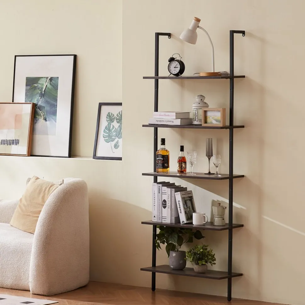 VEVOR Ladder Shelf, 5-Tier Bookshelf 15.6x11.8in, Open Wall-Mounted Ladder Shelf with Metal Frame,Storage Rack Sundries Holder for Kitchen Bedroom Bathroom Living Room, Gold White