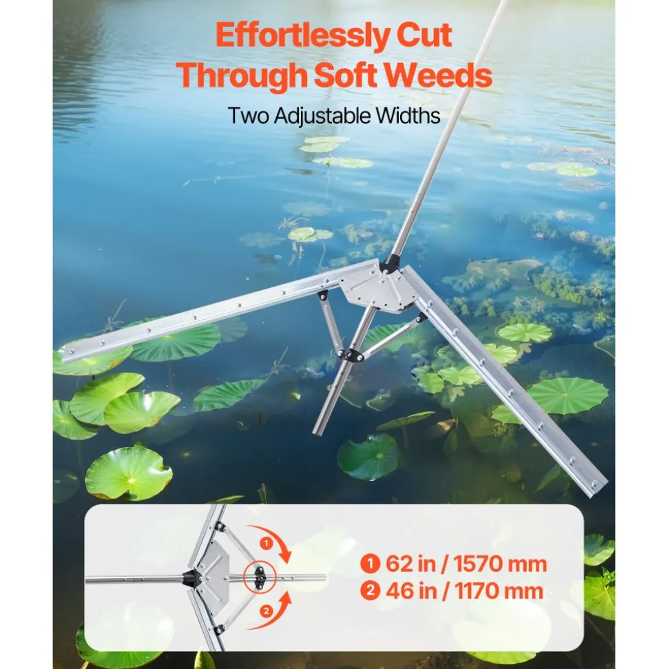 VEVOR Lake Weed Cutter, Pond Aquatic Plant Cutting Tool with 62 in Max. Cut Width, Sharp and Heavy-Duty Steel Blades, Pond Rake with 30 ft Throw Rope, for Cattail, Phragmites, Lilly Pads & Chara
